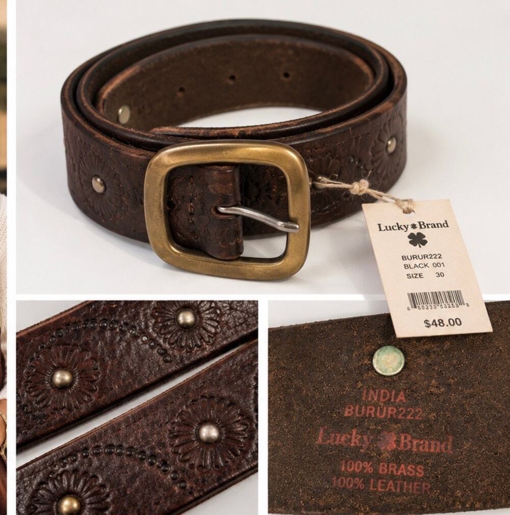 Vintage Y2K Lucky Brand Leather Belt Size 30 Floral Embossed Solid Brass